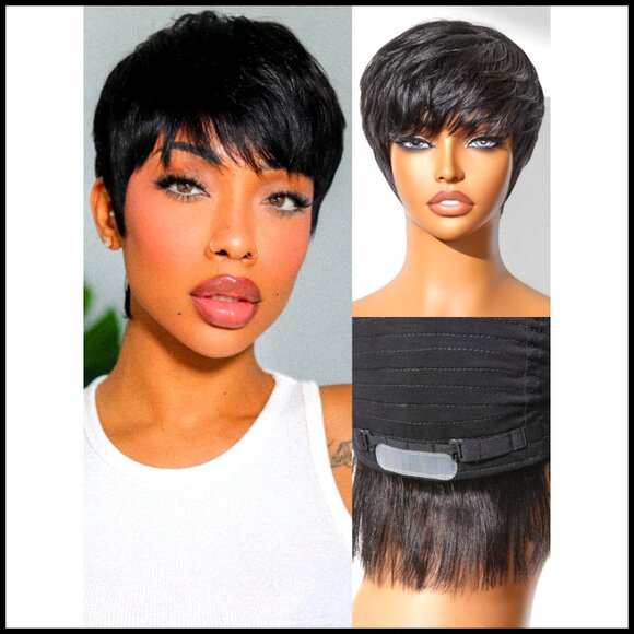 Short Pixie Cut Glueless Wig Human Hair Machine Made Protective Cap